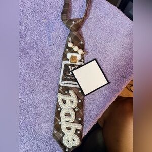 Brown Plaid Tie with Pearl Accents